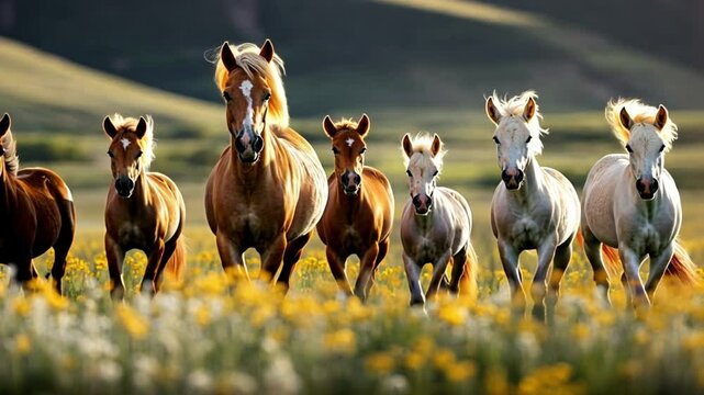 Magnificent Herd of Horses Galloping Across a Sunny Meadow