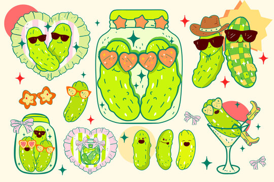 funny pickle cartoon illustration, cute dill, Groovy retro pickled cartoon, Pickle lover, Cucumbers, Coquette Pickle girl clipart,cowboy Pickle Cartoon Character with a Attitude wearing Sunglasses