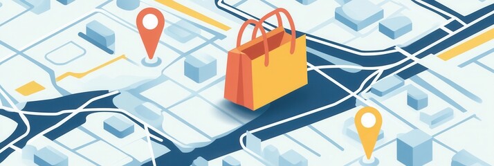 Elegant delivery route map with grocery bag icon and location pins for efficient shopping navigation