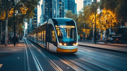 Obraz premium Zero emission tram gliding through city streets urban environment transport photography dynamic viewpoint