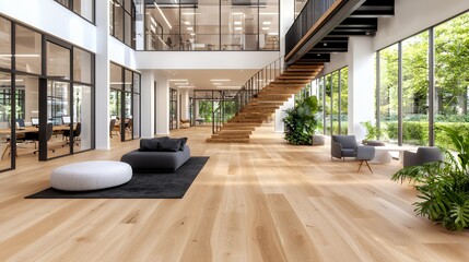 Spacious Modern Office Interior with Natural Light and Stylish Furniture