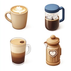 Obraz premium Various coffee drinks and brewing methods depicted in 3D illustrations