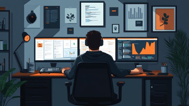 Seamless remote work experience in a home office setup with dual monitors and plants