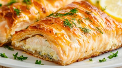 Salmon wellington concept. Delectable Salmon Wellington with Creamy Lemon Dill Sauce