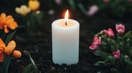 Lit Candle in a Garden Surrounded by Colorful Flowers at Dusk