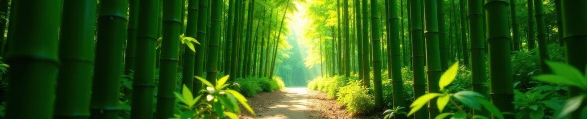 Obraz premium Tall bamboo shoots, sunlight filtering through leaves, pathway, outdoors, closeup, environment