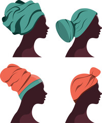 African woman in traditional turban, head wrap vector silhouette isolated