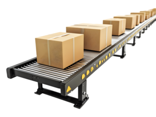 A close-up of a conveyor belt transporting brown cardboard boxes, representing efficient logistics and modern industry.