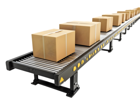 A close-up of a conveyor belt transporting brown cardboard boxes, representing efficient logistics and modern industry.
