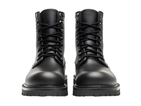 A close-up view of stylish black combat boots, showcasing their laces and sturdy design, perfect for outdoor adventures.