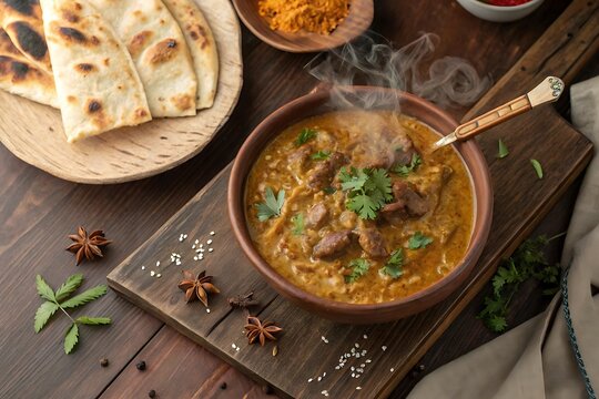 Hot and sweet beef roast / meat curry and Kerala paratha / parotta flatbread made of Maida / whole wheat flour Delhi India. Popular North Indian side dish for chapati, fried rice, roti, paratha, naan.