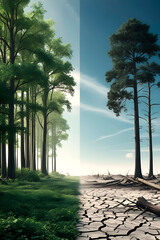 Wide landscape of forest before logging, with green trees and wildlife, then transition to the same place after logging, with empty areas and fallen trunks.