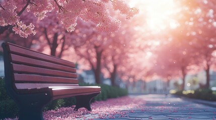 Springtime blossoms transform park bench in serene cherry blossom pathway nature scene tranquil ambiance