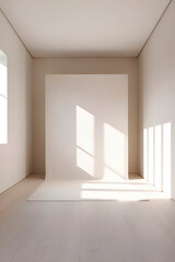 The minimalist backdrop with light walls and floors, reflecting an atmosphere of simplicity and elegance, is done in soft neutral tones such as white or light beige, creating a calm and peaceful space