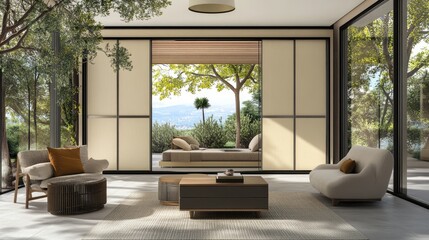 Fototapeta premium A plywood wardrobe with sliding doors and a sleek veneer finish.