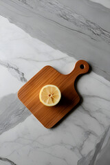 Gray marble background and marble table surface, on the table is a wooden kitchen board on which a lemon is neatly cut.