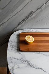 Gray marble background and marble table surface, on the table is a wooden kitchen board on which a lemon is neatly cut.