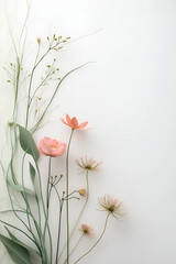 Minimalistic background, delicate lines and shapes of plants and flowers softly intertwine, pastel shades of green and pink to create a calm and harmonious feeling.