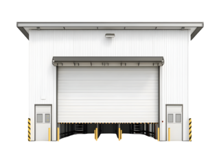 A modern industrial warehouse featuring a large loading dock door and clean, white exterior.