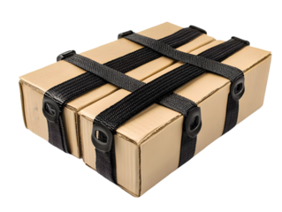 A neatly packaged delivery box secured with straps, symbolizing shipping and logistics efficiency.