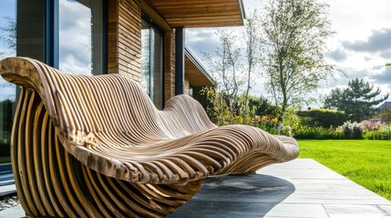 A set of stylish wooden chairs with a natural finish and curved design.