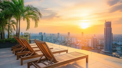 Fototapeta premium A set of wooden lounge chairs on a balcony with a city view.
