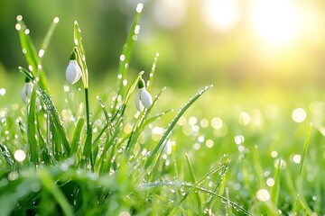 Snowdrops blooming in dewy meadow at sunrise: spring background