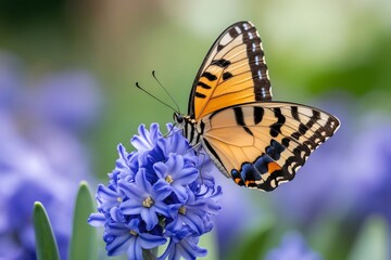 Naklejka premium Butterfly feeding on a purple hyacinth flower in a colorful garden