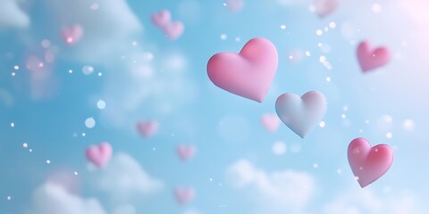 A light blue background with pastel-colored hearts floating amidst soft clouds and gentle sparkles