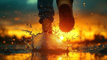 A silhouette of a person jumping over a puddle, their body frozen mid-air as they land with a splash. 