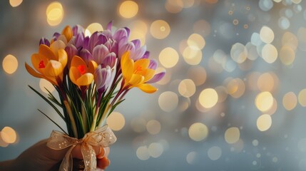 Vibrant bouquet of yellow and purple crocus flowers with soft bokeh background. Horizontal banner. Copy space. Template for birthday, wedding. Mother Day