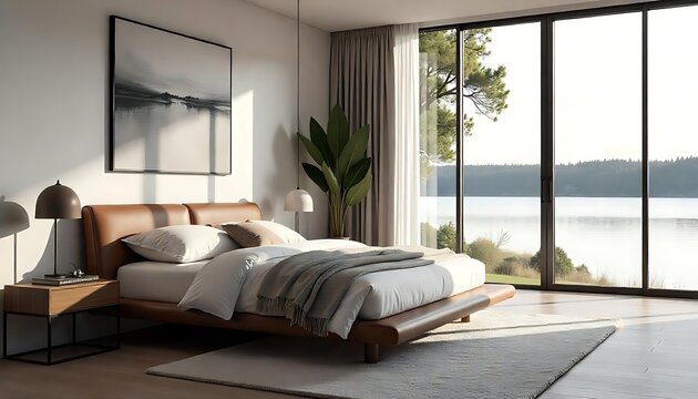 Modern luxury bedroom with a flatform bed, leather headboard and bathed in natural light.