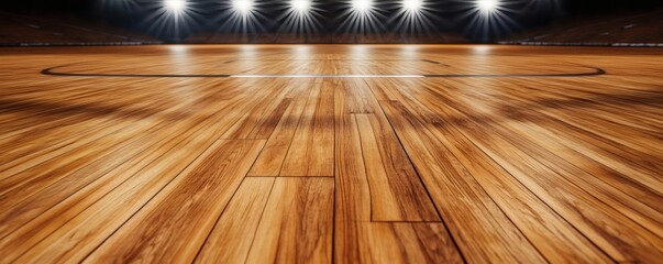 A basketball court floor shines brightly under the arena lights