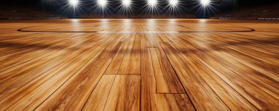 A basketball court floor shines brightly under the arena lights