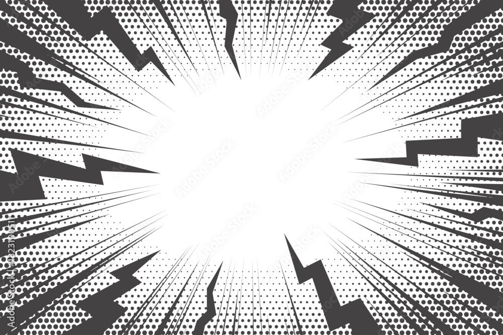 Wall mural comic background with thunder bolt and speed lines. vector explosion effect with lightnings and half