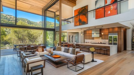 Fototapeta premium A solid wood beam installed in a high-ceiling modern home.