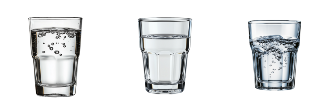 Three glasses of water showing different levels and carbonation isolated on transparent Background