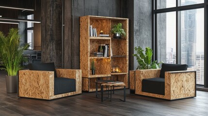 A stylish OSB bookshelf with a durable, natural wood finish.