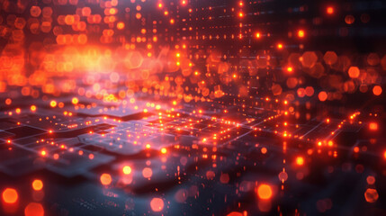 Holographic cyber landscape with a glowing digital matrix of interconnected neon lights and bokeh effects.
