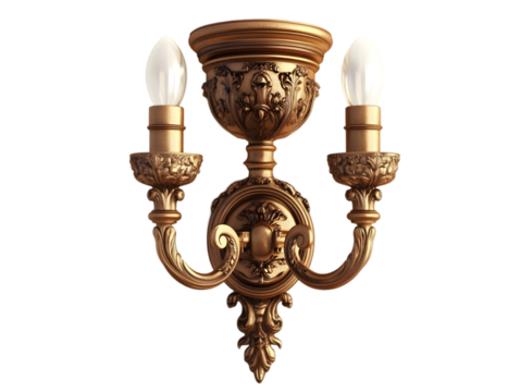 Elegant vintage sconce light fixture featuring intricate details and two glowing bulbs, perfect for enhancing any interior decor.