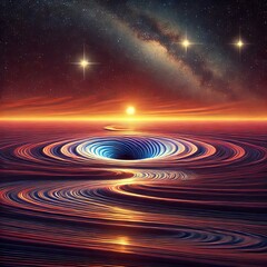 Fototapeta premium A swirling wormhole sits on the horizon between two setting star