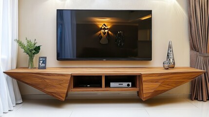 Fototapeta premium A trendy MDF wall-mounted TV unit with storage compartments.
