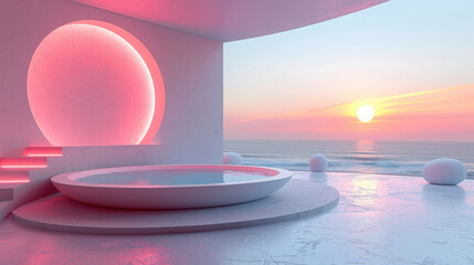 Futuristic minimalistic pool with neon lighting and ocean view at sunset. Modern architecture concept design