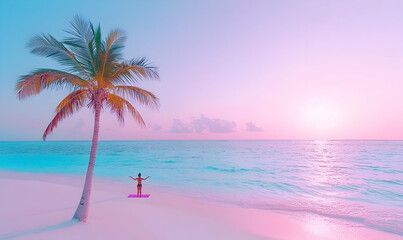 Peaceful Sunrise on Tropical Beach with Palm Tree and Isolation