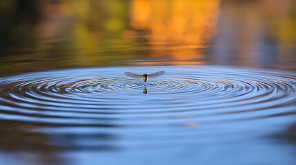 Damselfly Landing on Calm Water Creating Concentric Ripples Nature Serenity