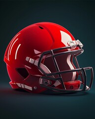 Fototapeta premium Red Football Helmet: A vibrant, sleek red football helmet, a symbol of sport and protection, isolated on a dark background, offering a striking contrast.
