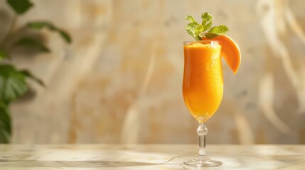 Refreshing carrot juice with mint and orange for world carrot day celebration. World Vegan Day. Healthy Food. World Vegetarian Day. World cocktail day. Copy space