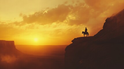 Silhouette of a cowboy on horseback standing on a cliff at sunset with a dramatic sky in a desert landscape

