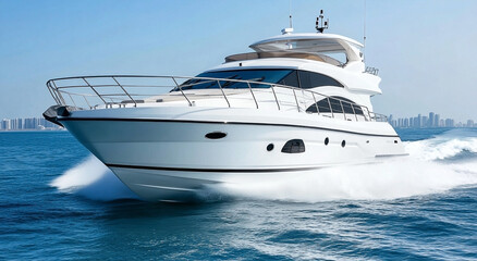 Elegant Luxury Yacht Cruising on Blue Water near Coastal City Skyline