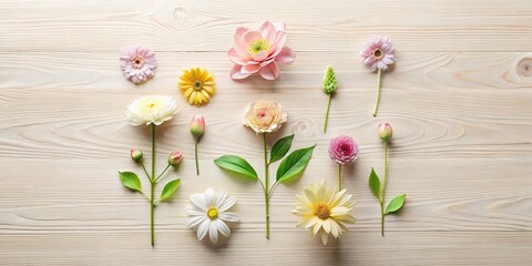 Minimalist Flat Lay: Flower Shapes on Wooden Texture with Copy Space